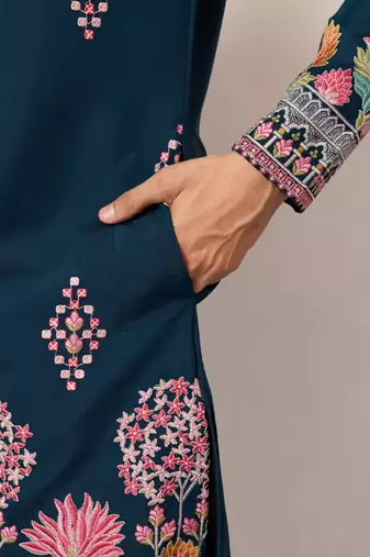 teal blue viscose silk floral embroidered kurta pajama set for men
