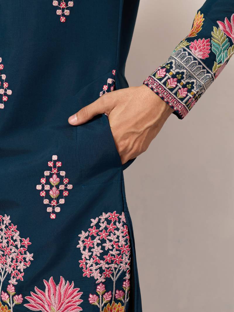 teal blue viscose silk floral embroidered kurta pajama set for men