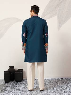 teal blue viscose silk floral embroidered kurta pajama set for men 6