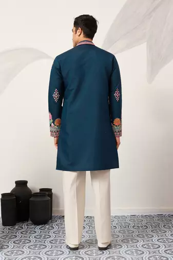 teal blue viscose silk floral embroidered kurta pajama set for men