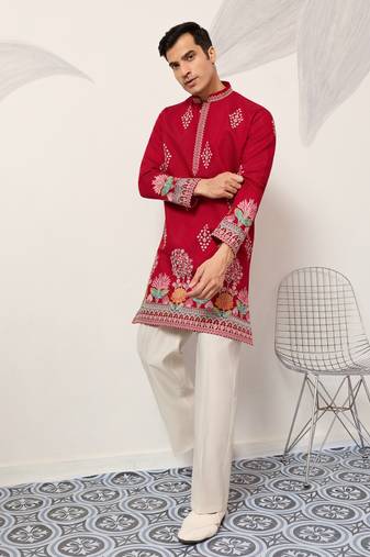 RED VISCOSE SILK THREAD & SEQUINS EMBROIDERED WORK WEDDING FESTIVAL MARRIAGE PARTY WEAR STRAIGHT MENS KURTA