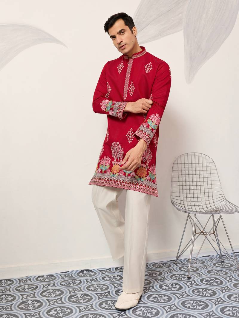 RED VISCOSE SILK THREAD & SEQUINS EMBROIDERED WORK WEDDING FESTIVAL MARRIAGE PARTY WEAR STRAIGHT MENS KURTA