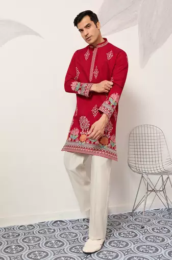 Red viscose silk thread & sequins embroidered work wedding festival marriage party wear straight mens kurta