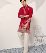 red viscose silk floral embroidered kurta pajama set for men