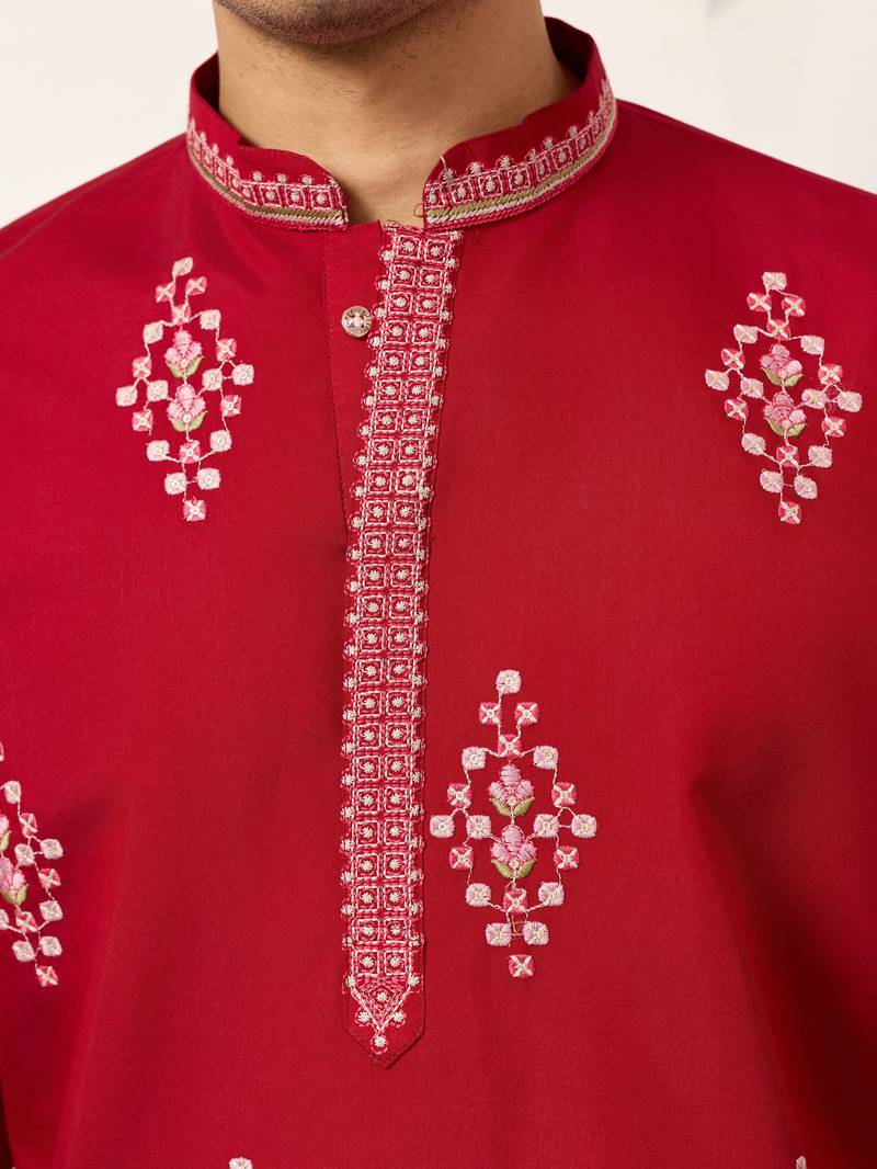 red viscose silk floral embroidered kurta pajama set for men