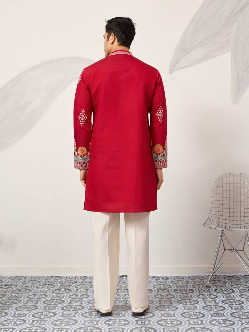 red viscose silk floral embroidered kurta pajama set for men