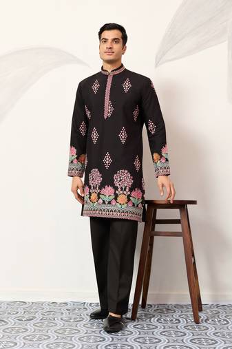 BLACK VISCOSE SILK THREAD & SEQUINS EMBROIDERED WORK WEDDING FESTIVAL MARRIAGE PARTY WEAR STRAIGHT MENS KURTA