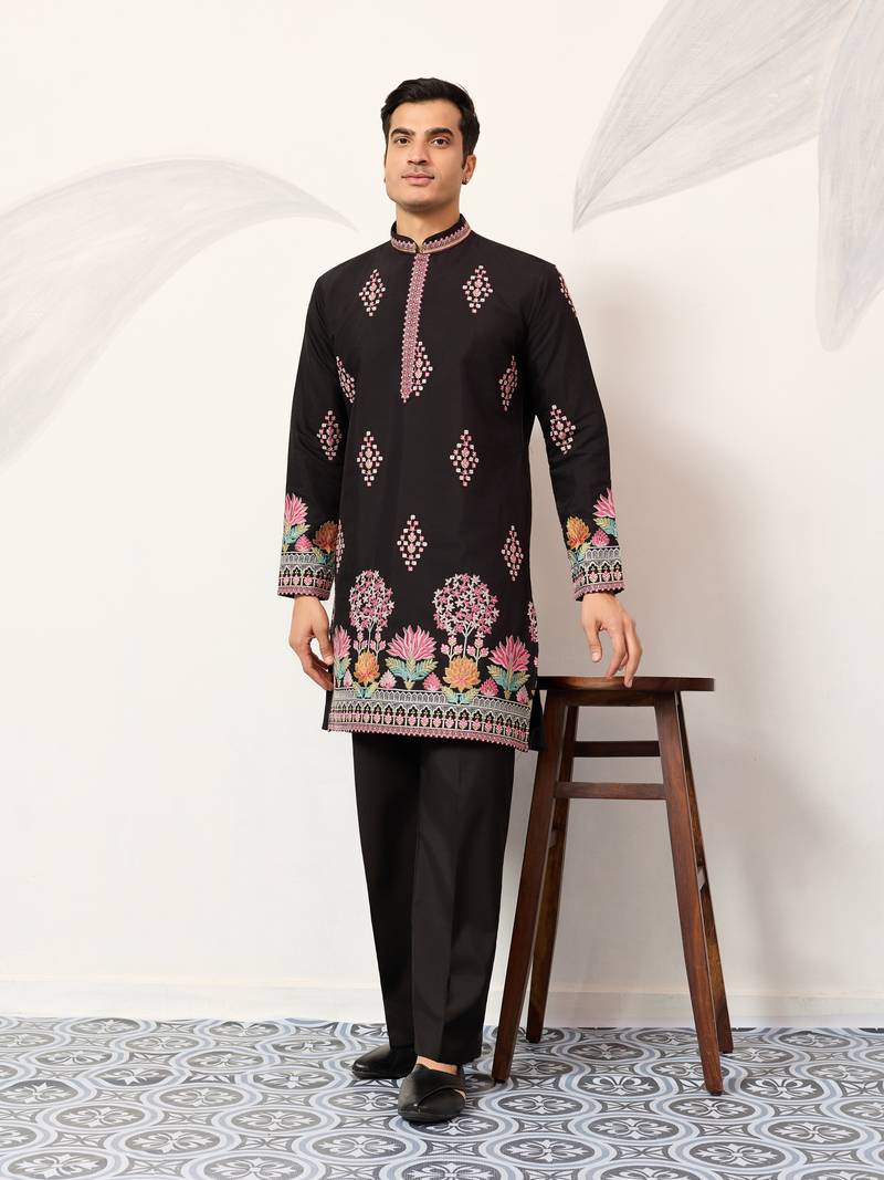BLACK VISCOSE SILK THREAD & SEQUINS EMBROIDERED WORK WEDDING FESTIVAL MARRIAGE PARTY WEAR STRAIGHT MENS KURTA