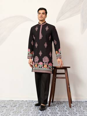 black viscose silk floral embroidered kurta pajama set for men 1