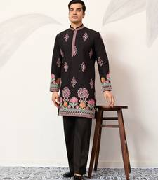 black viscose silk floral embroidered kurta pajama set for men