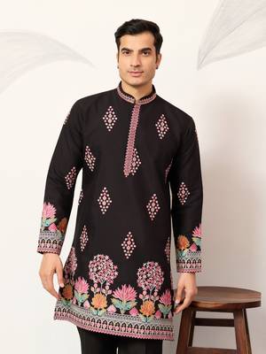 black viscose silk floral embroidered kurta pajama set for men 3