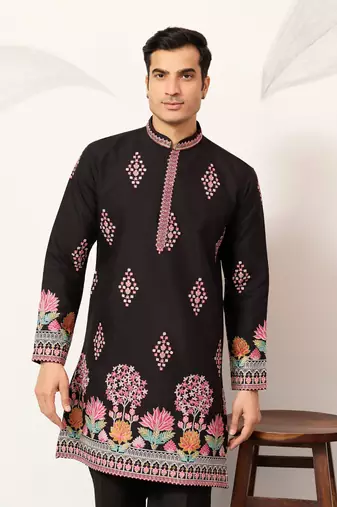 black viscose silk floral embroidered kurta pajama set for men