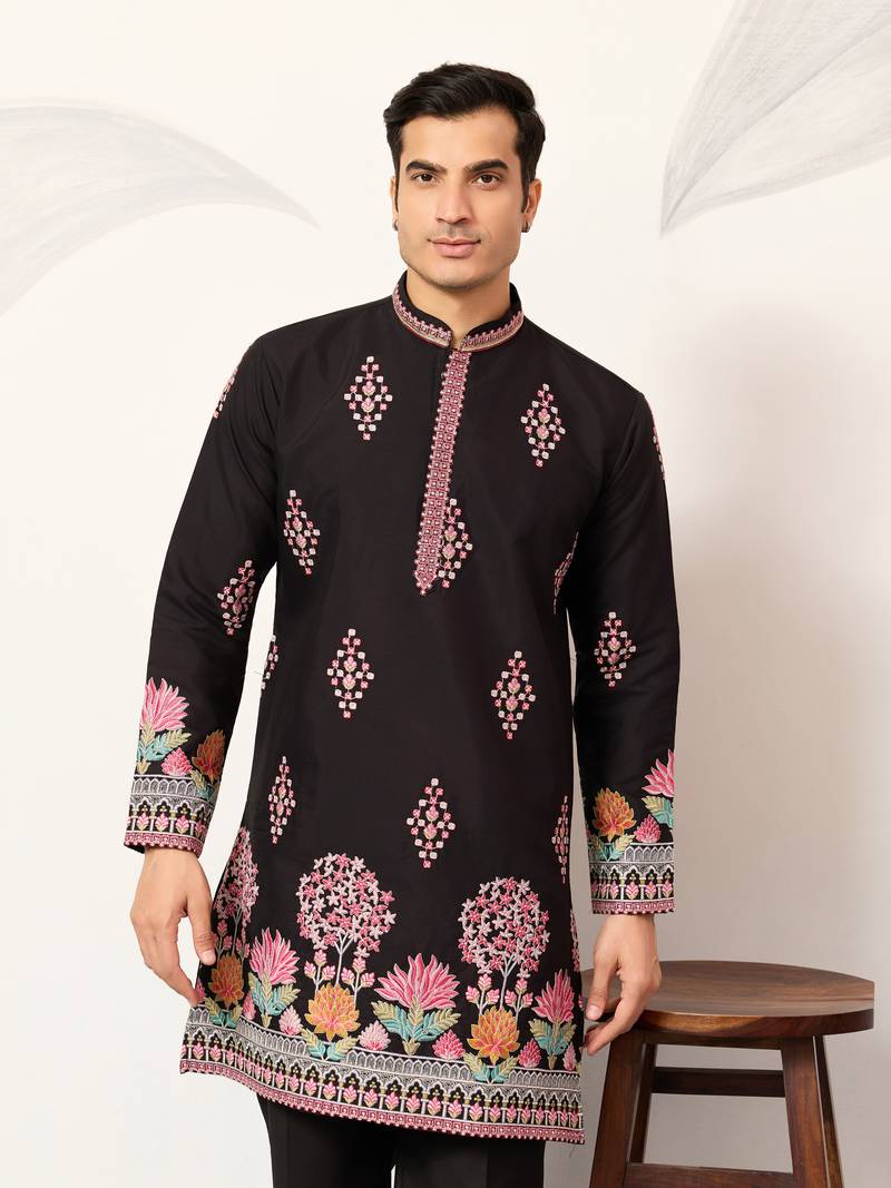 black viscose silk floral embroidered kurta pajama set for men