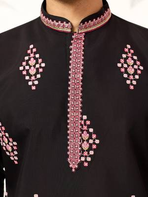 black viscose silk floral embroidered kurta pajama set for men 4