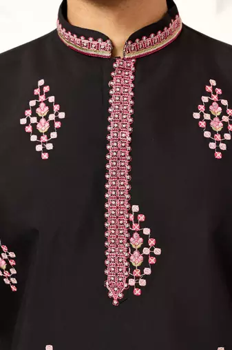 black viscose silk floral embroidered kurta pajama set for men