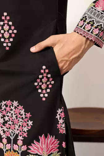 black viscose silk floral embroidered kurta pajama set for men