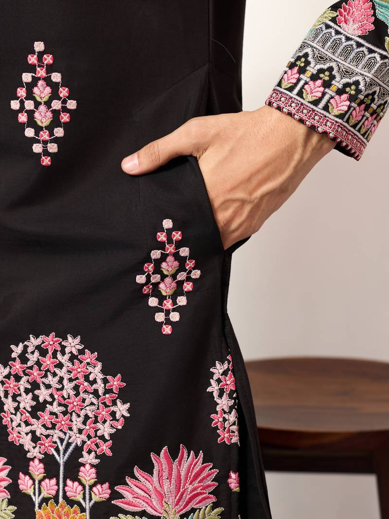 black viscose silk floral embroidered kurta pajama set for men