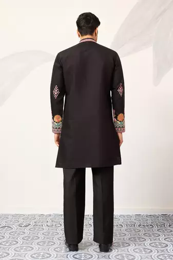 black viscose silk floral embroidered kurta pajama set for men