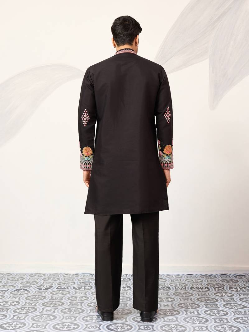 black viscose silk floral embroidered kurta pajama set for men