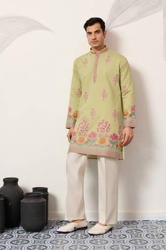 PISTA GREEN VISCOSE SILK THREAD & SEQUINS EMBROIDERED WORK WEDDING FESTIVAL MARRIAGE PARTY WEAR STRAIGHT MENS KURTA