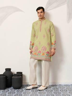 pista green viscose silk floral embroidered kurta pajama set for men 1
