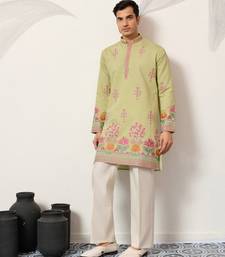 pista green viscose silk floral embroidered kurta pajama set for men