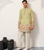 pista green viscose silk floral embroidered kurta pajama set for men