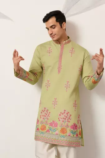 pista green viscose silk floral embroidered kurta pajama set for men