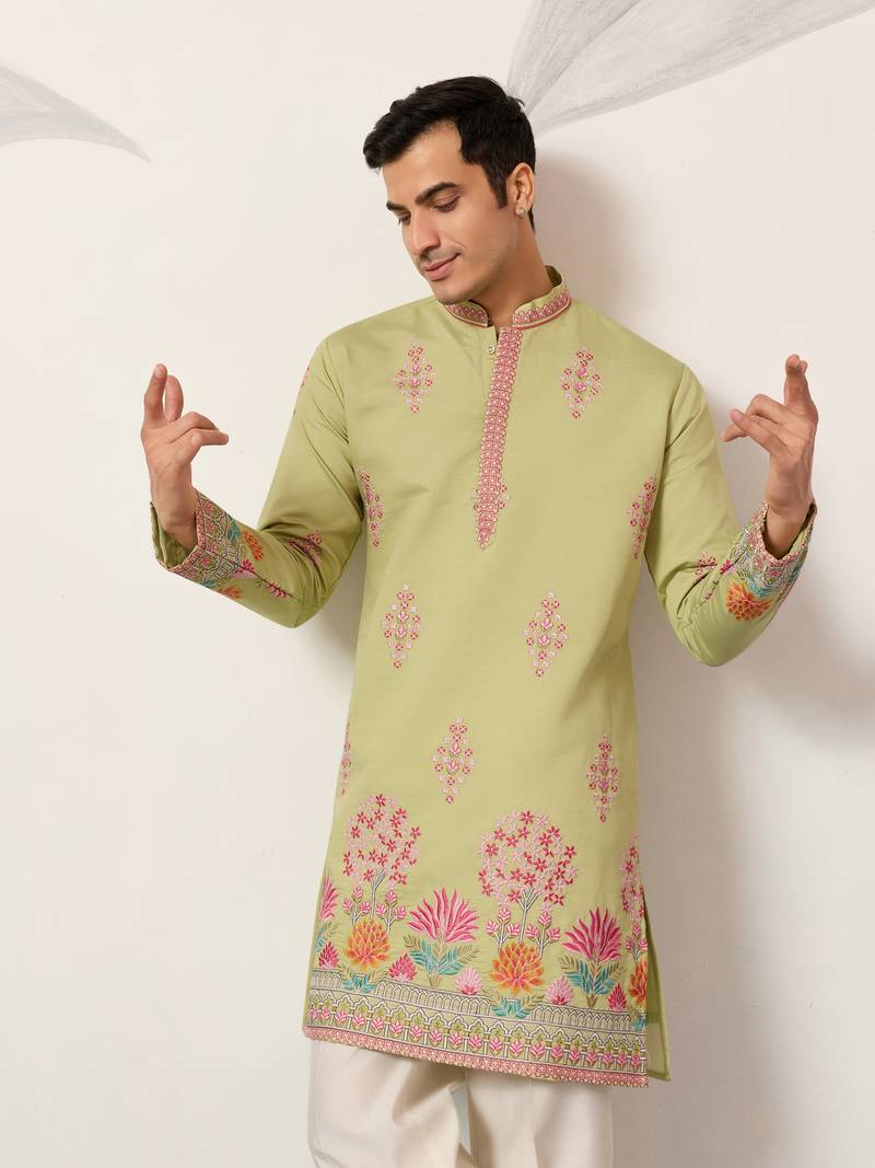 pista green viscose silk floral embroidered kurta pajama set for men