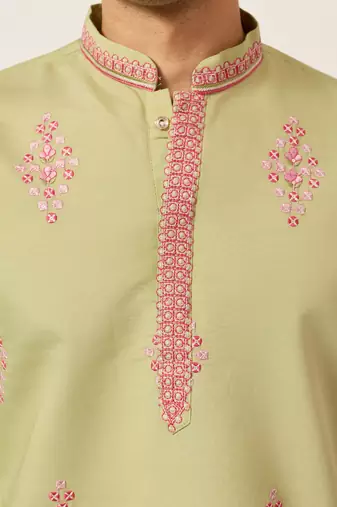 pista green viscose silk floral embroidered kurta pajama set for men