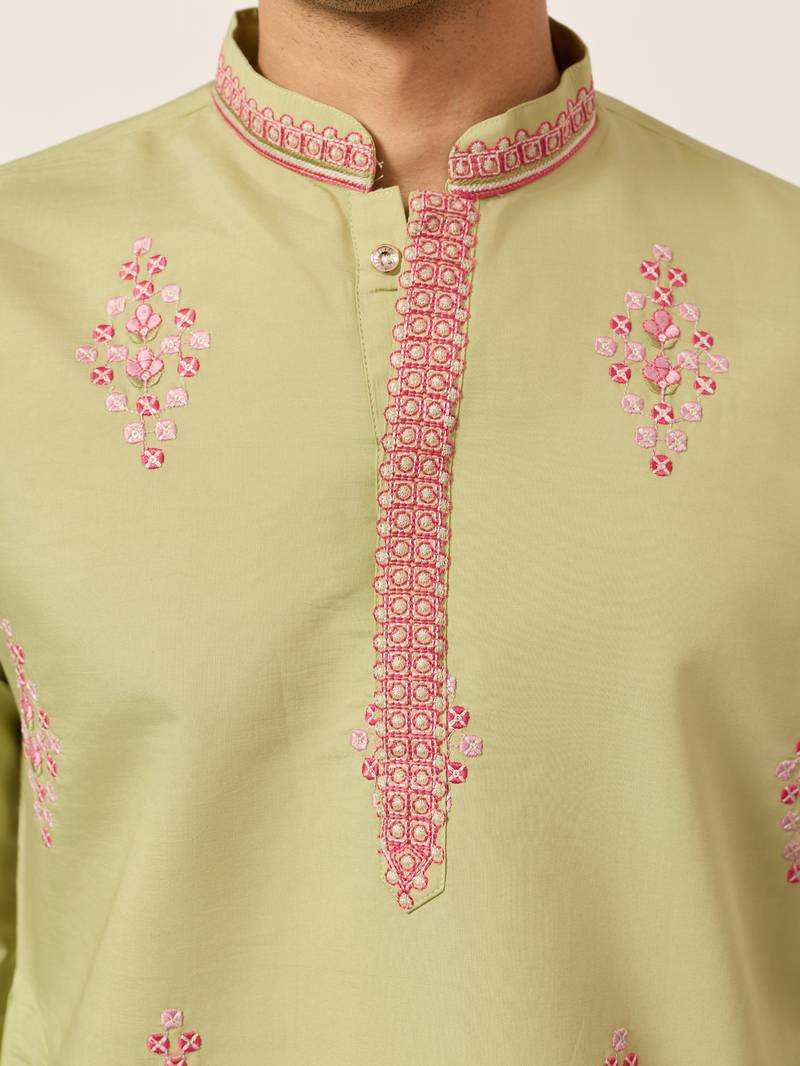 pista green viscose silk floral embroidered kurta pajama set for men