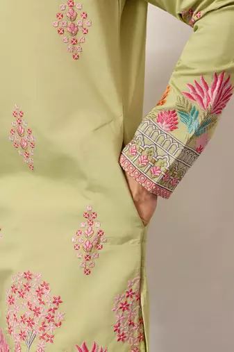 pista green viscose silk floral embroidered kurta pajama set for men