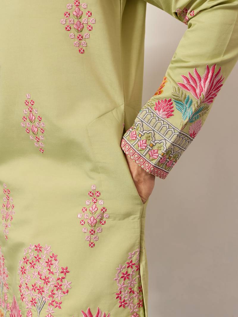 pista green viscose silk floral embroidered kurta pajama set for men