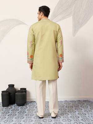 pista green viscose silk floral embroidered kurta pajama set for men 6