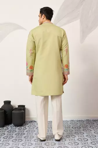 pista green viscose silk floral embroidered kurta pajama set for men