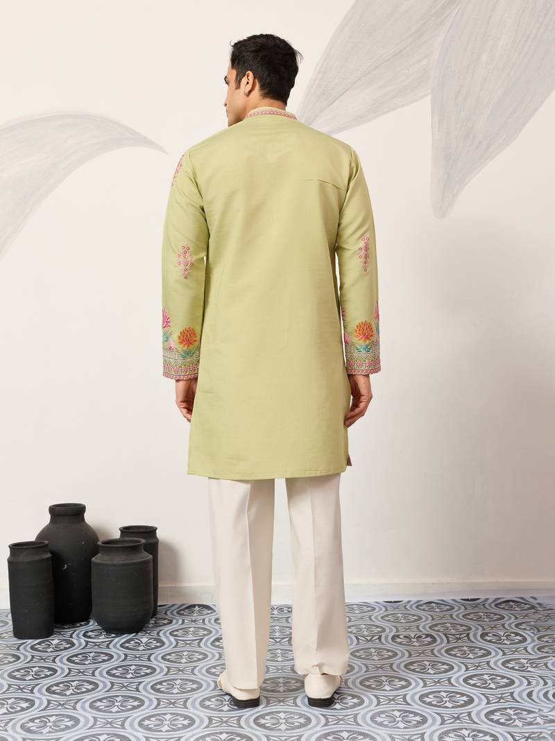 pista green viscose silk floral embroidered kurta pajama set for men