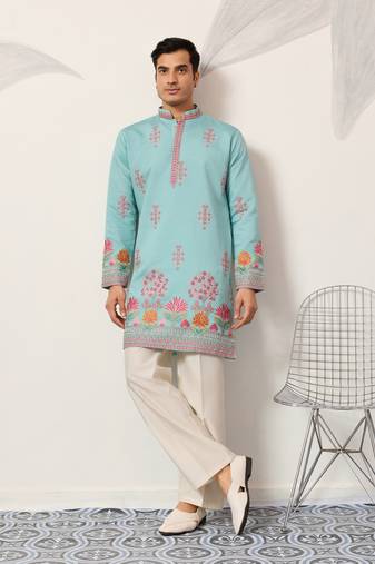 SKY BLUE VISCOSE SILK THREAD & SEQUINS EMBROIDERED WORK WEDDING FESTIVAL MARRIAGE PARTY WEAR STRAIGHT MENS KURTA