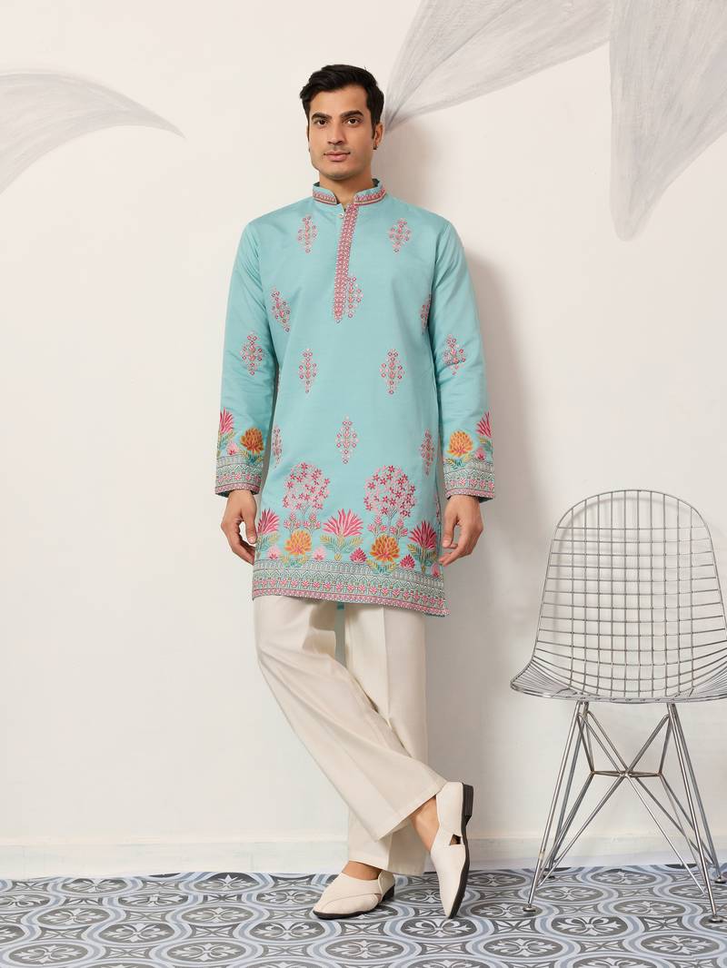 SKY BLUE VISCOSE SILK THREAD & SEQUINS EMBROIDERED WORK WEDDING FESTIVAL MARRIAGE PARTY WEAR STRAIGHT MENS KURTA