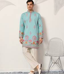 sky blue viscose silk floral embroidered kurta pajama set for men