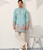 sky blue viscose silk floral embroidered kurta pajama set for men