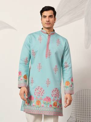 sky blue viscose silk floral embroidered kurta pajama set for men 3