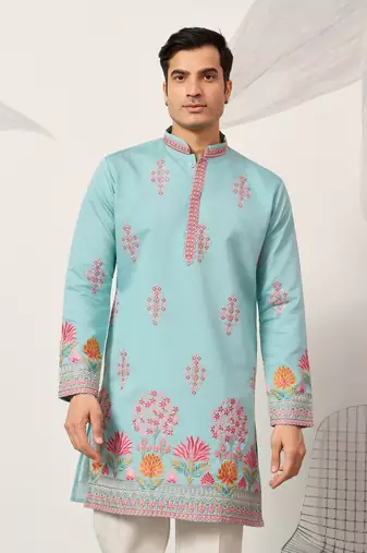 sky blue viscose silk floral embroidered kurta pajama set for men
