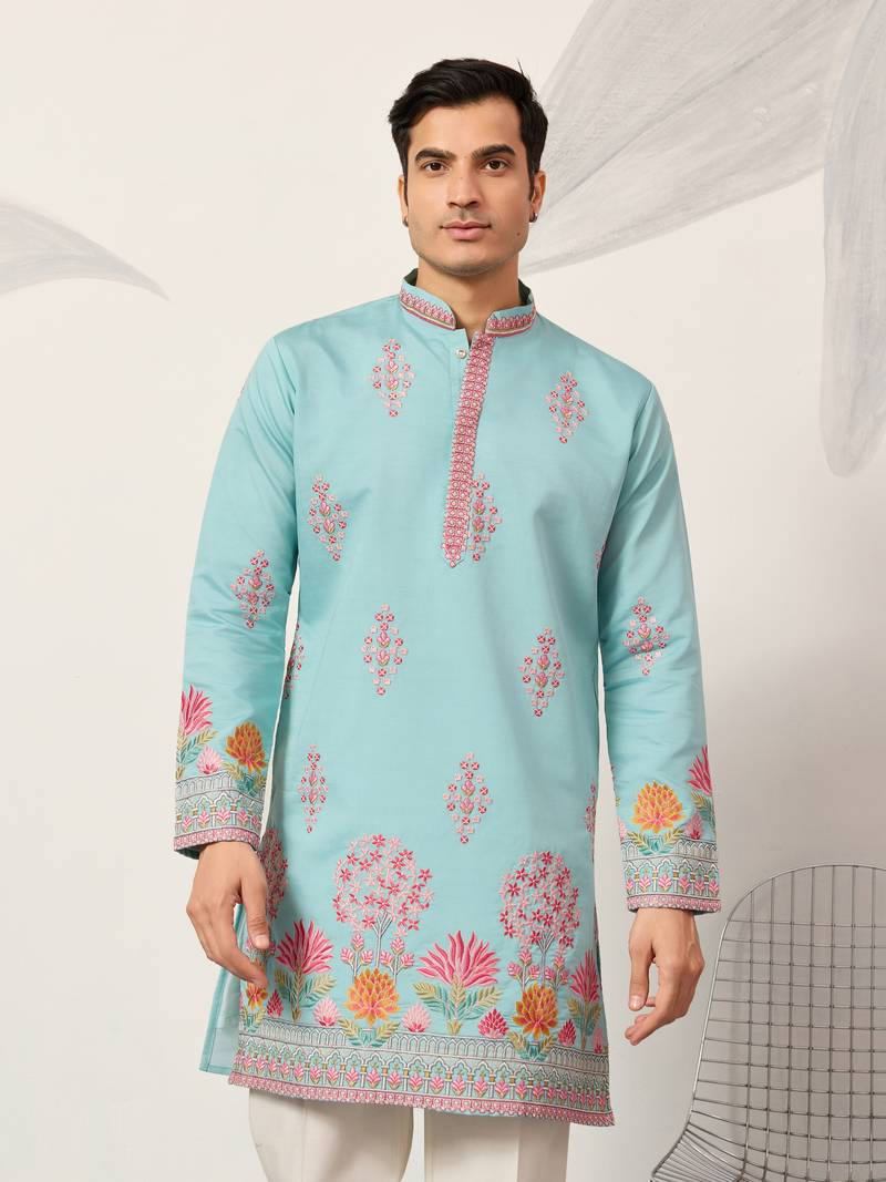 sky blue viscose silk floral embroidered kurta pajama set for men