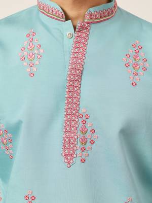sky blue viscose silk floral embroidered kurta pajama set for men 4