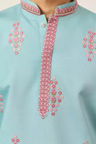 sky blue viscose silk floral embroidered kurta pajama set for men