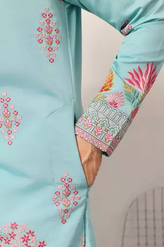 sky blue viscose silk floral embroidered kurta pajama set for men