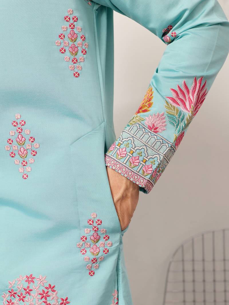 sky blue viscose silk floral embroidered kurta pajama set for men