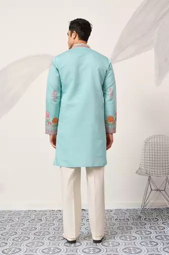sky blue viscose silk floral embroidered kurta pajama set for men