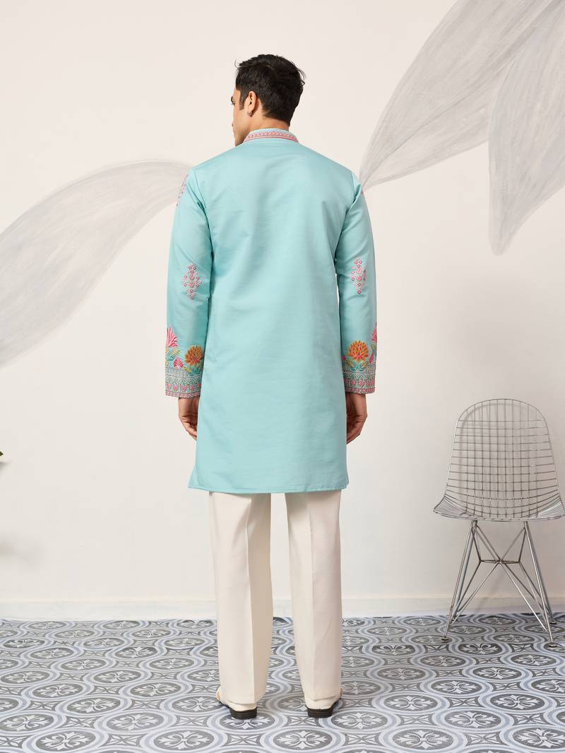 sky blue viscose silk floral embroidered kurta pajama set for men
