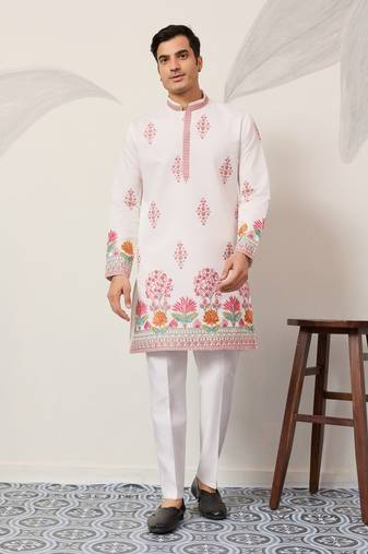 WHITE VISCOSE SILK THREAD & SEQUINS EMBROIDERED WORK WEDDING FESTIVAL MARRIAGE PARTY WEAR STRAIGHT MENS KURTA